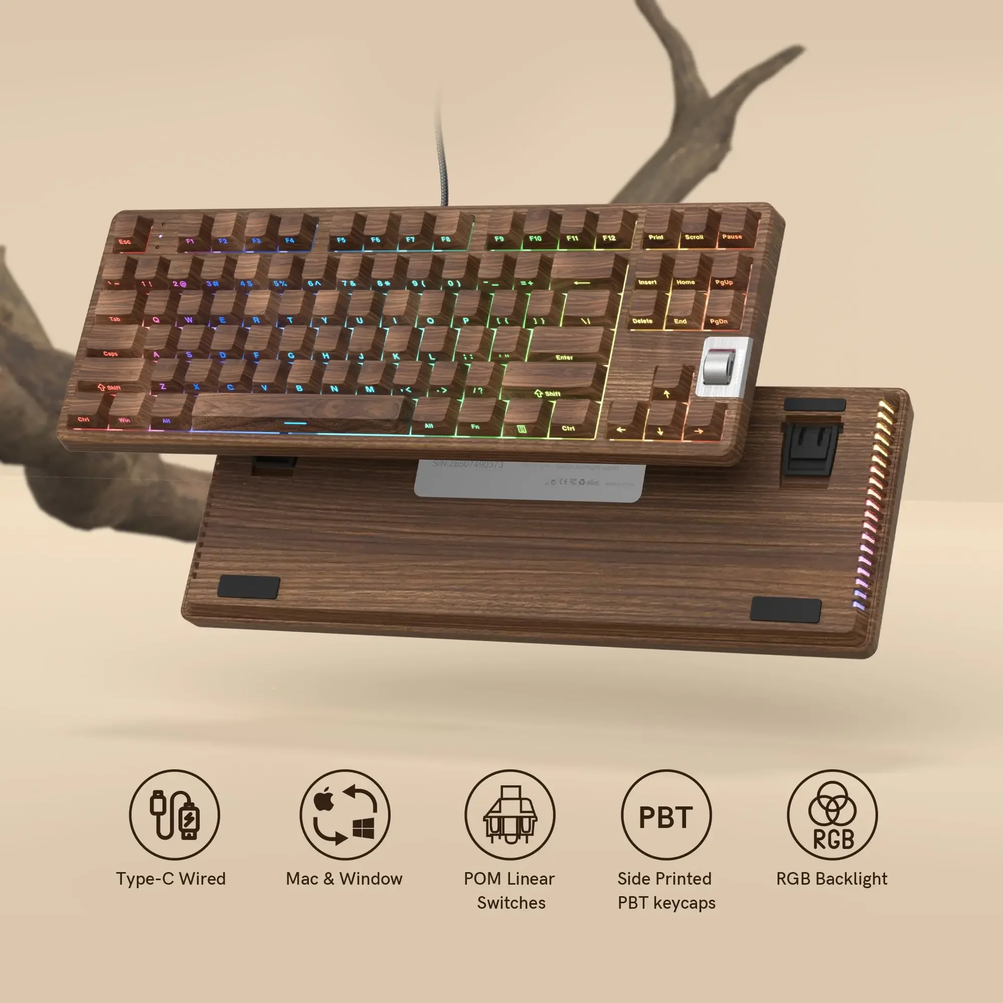F87 Walnuss 75 % kabelgebundene mechanische Gaming-Tastatur, seitlich bedruckte, hintergrundbeleuchtete Programmtastatur mit vorgeschmiertem weißem Schalter für PC Image