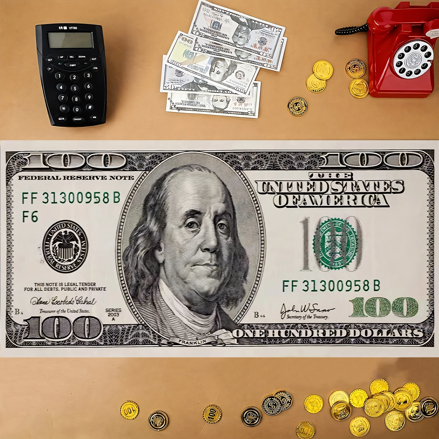 1 Stück Riesen-USD-Banknote-Hintergrundtuch, Partydekoration, Urlaubsparty-Foto-Requisite, bedruckt mit einem 100-Dollar-Muster, Fototuch Image