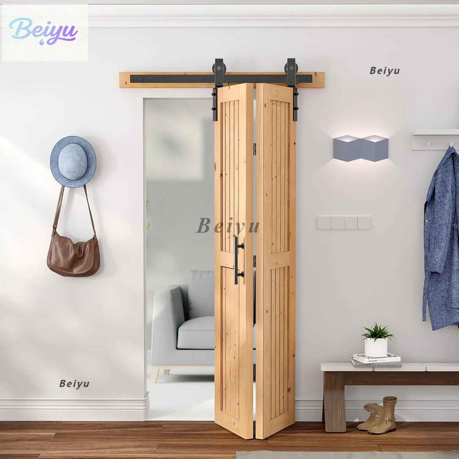 Bi-Falte Scheunentür, einschließlich Scheunentor-Hardware-Kit, Massivholz-Klapptür zum Zusammenbauen, doppelseitiger Griff Image