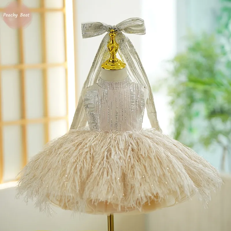 Mode Baby Mädchen Prinzessin Bling Feder Kleid Infant Kleinkind Kind Bogen Vestido Party Pageant Geburtstag Ballkleid 12M-14Y Image