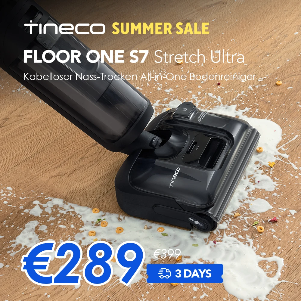Tineco Floor ONE S7 Stretch Ultra Nass Trockensauger, 180° Lay-Flat Nasssauger, 85°C 5 Min Flashdry-Selbstreinige, 50 Min Laufzeit, DualBlock Anti-Tangle, Beide Kantenreinigen, Reinigen unter Möbeln Image