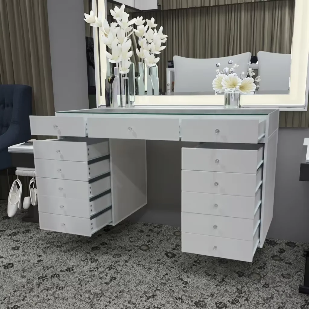 Deluxe-Schlafzimmer-Set aus Holz, Hochglanzlackierung, Kommode mit 7 Schubladen, 2022, Deluxe-Make-up-Kommode-Set aus Holz