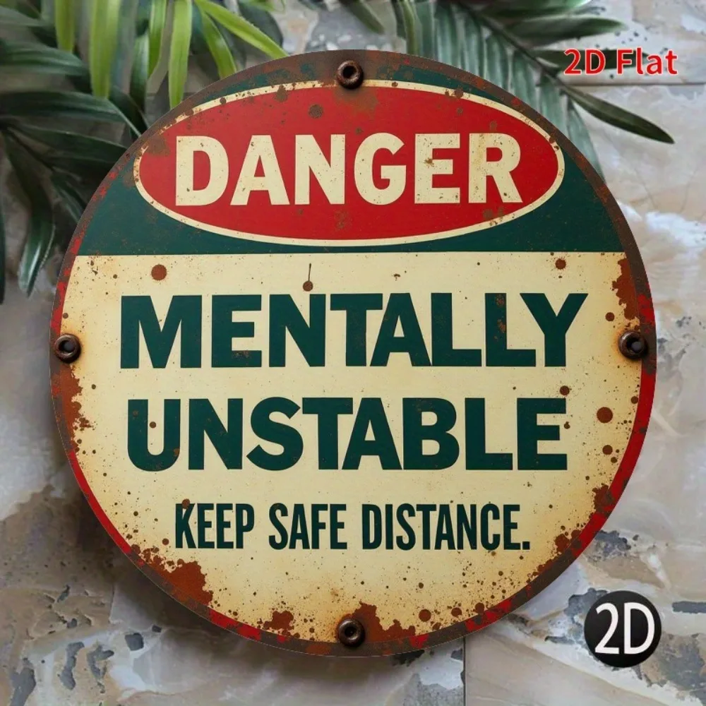 „[2D Flat] Rundes Metallwarnschild im Vintage-Stil – „Gefahr mental instabil“, rustikales Grün und Gelb mit Blattakzenten