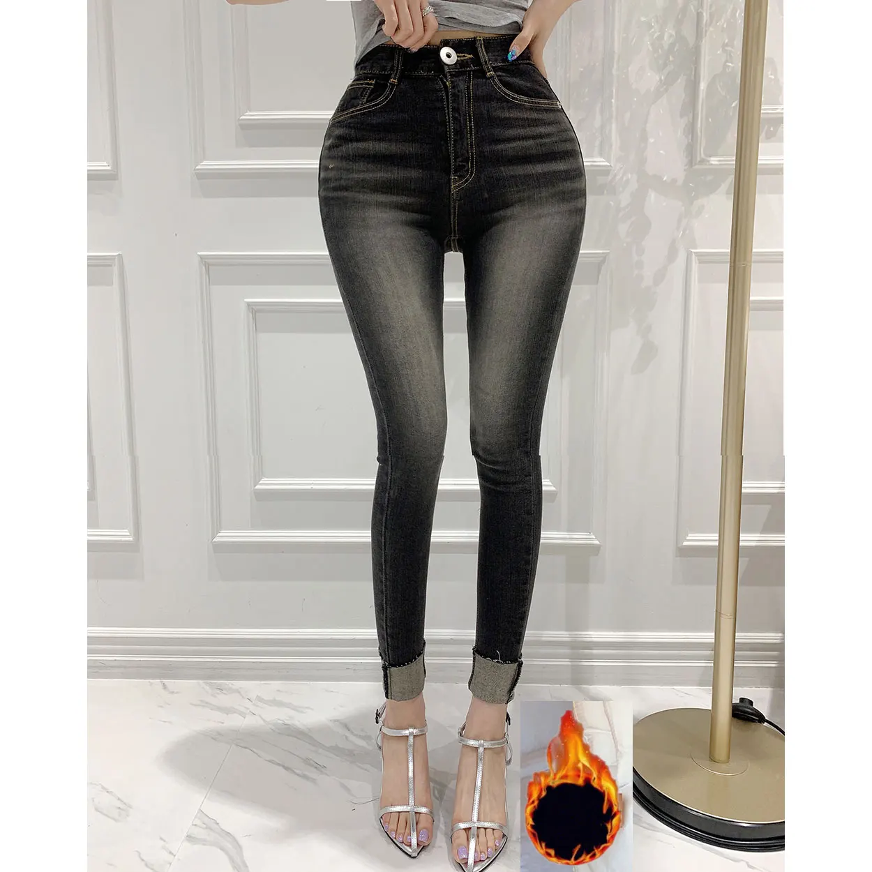 Fleece Hohe Taille Slim Fit Jeans Damen Retro Taille Denim Hosen Baumwolle Stretch Stoff Frühling Herbst Saison Faion Trend Image