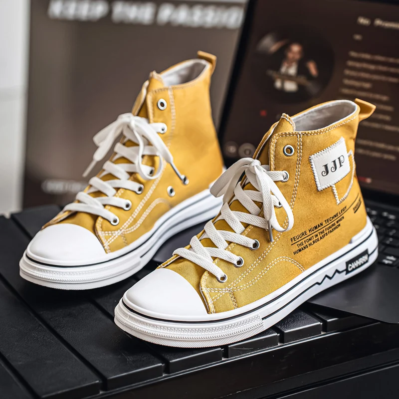 Mode Gelb Leinwand Schuhe Männer High Top Vulkanisierte Schuhe Mann Turnschuhe Brief Gedruckt Skateboard Schuhe Für Männer chaussures hommes