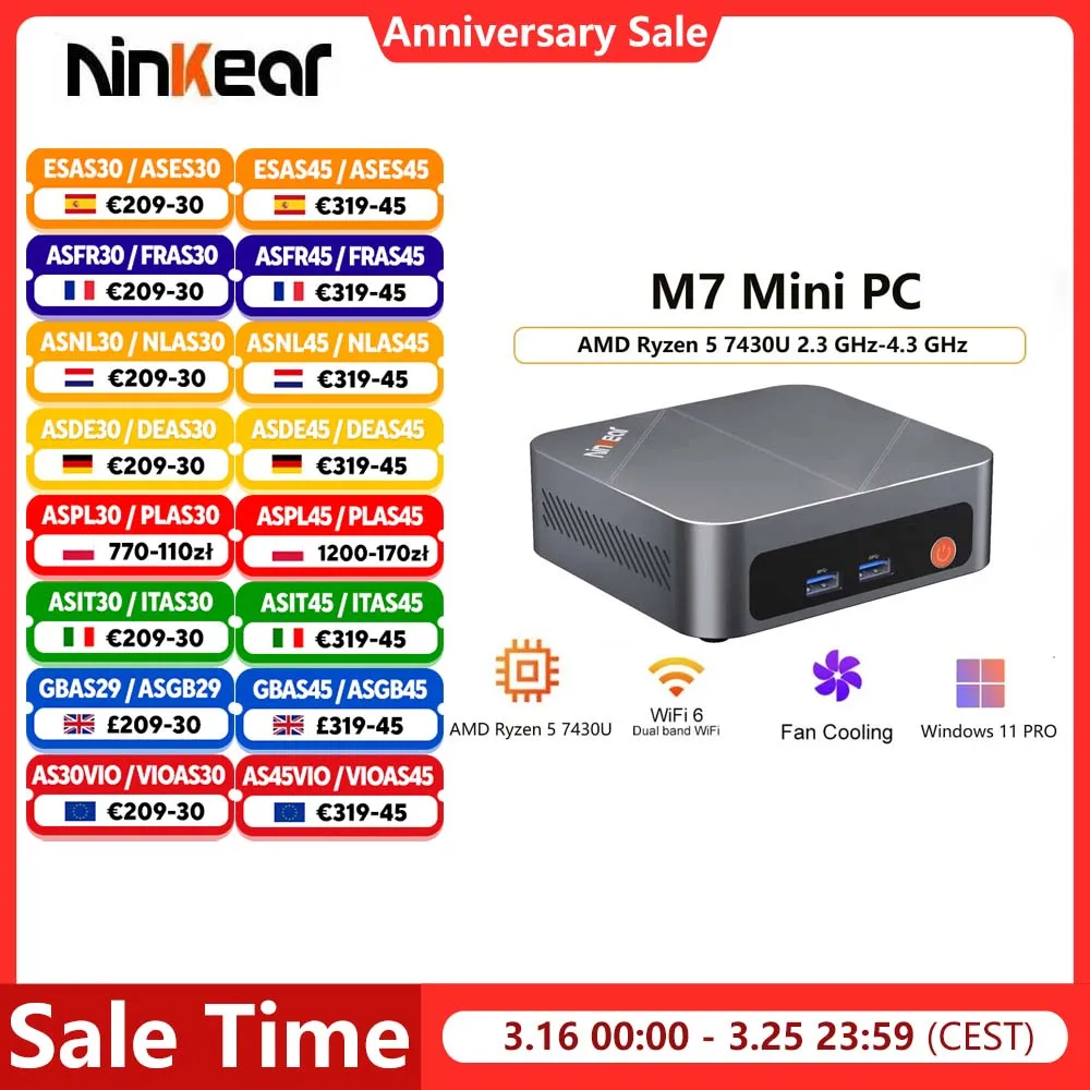 Ninkear M7 Mini-PC AMD Ryzen ™ 5 5625U Windows 11 PRO 16GB DDR4 RAM 512GB SSD WIFI 6.0 Lüfterkühlung Mini-Computer