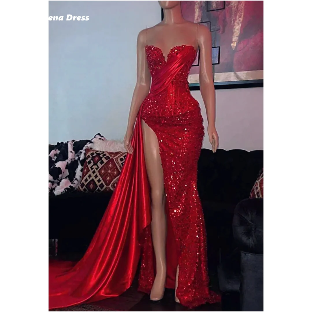 Lena Custom Made Dresses 2025 Luxury Evening Dresses for Special Occasions Sleeveless Mermaid Shiny Side Slit Robe Soiree Prom