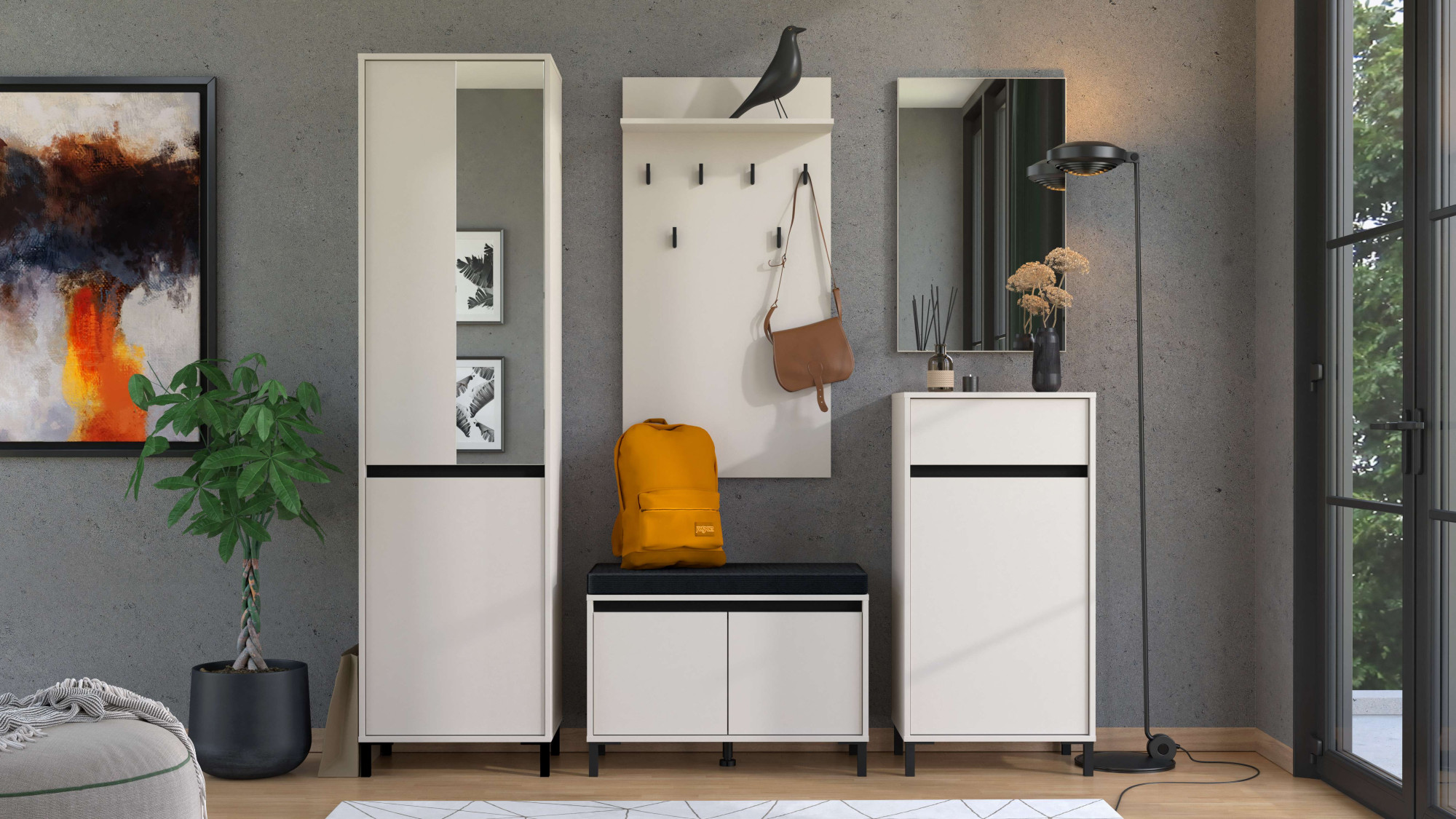 Garderoben-Set HOME AFFAIRE "Arran Flurmöbel, Dielenmöbel, Flurschrank, Flurgarderobe Breite 189 cm", kaschmir, B:189cm H:205,5cm T:40cm, Glas, Kunststoff, MDF, Metall, Spanplatte, Kastenmöbel-Sets, inkl. 2 Schränke, Sitzbank mit Kissen,...