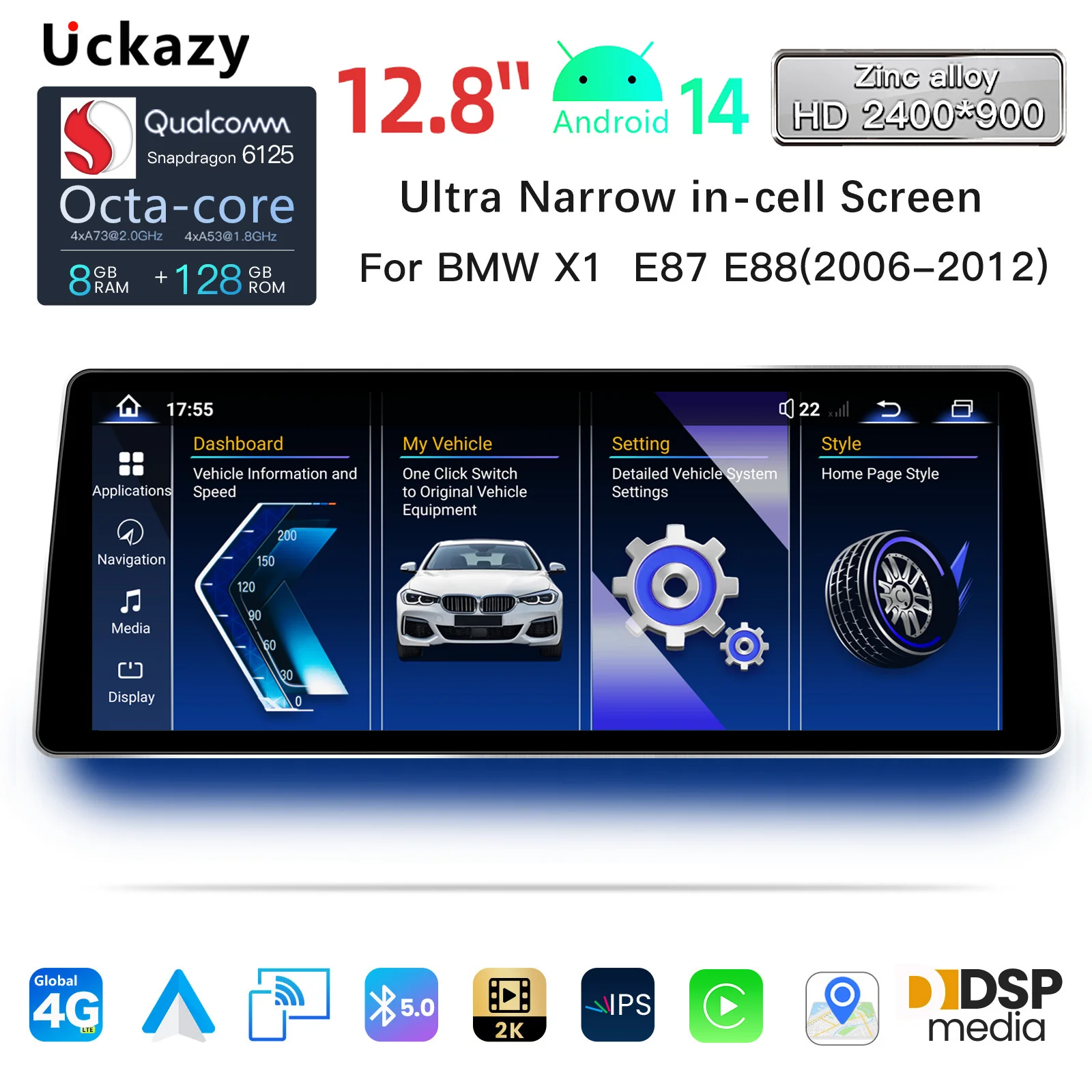 Uckazy 12,8" 2400*900 Android 14 Snapdragon 665 Wireless CarPlay Android Auto Auto Multimedia Radio Für BMW 1 Serie E81 E82 E87 E88 Steuergerät Touchscreen GPS Auto Radio Image