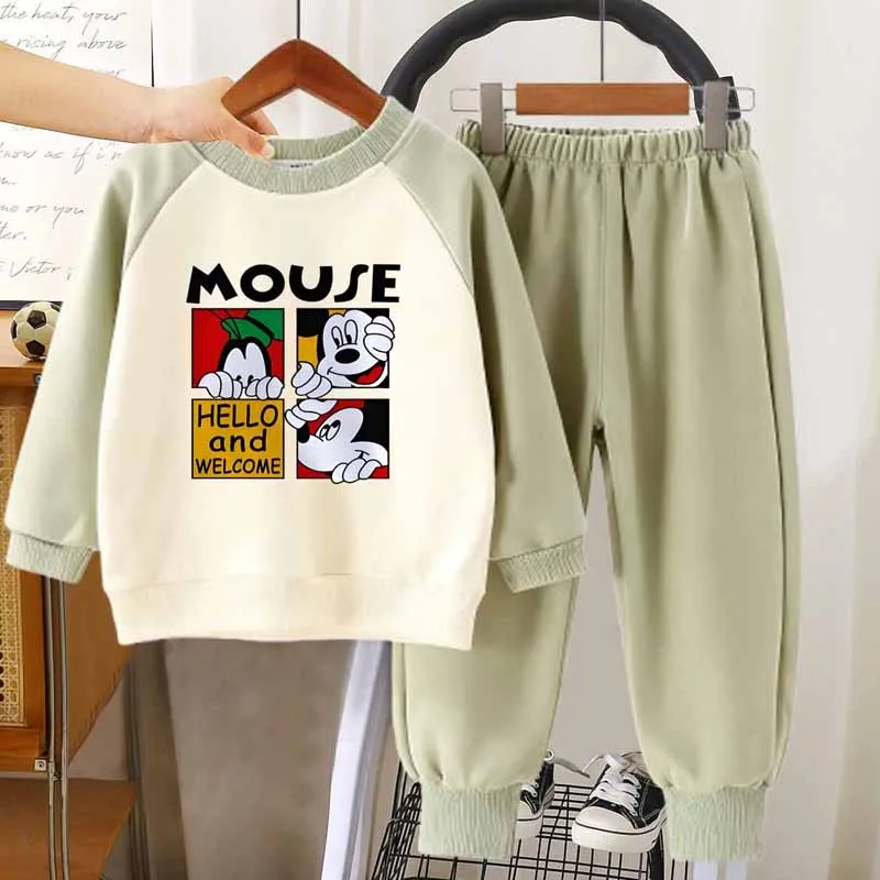 Disney Kinder Spleißen Ärmel Rundhals Pullover Hoodie Set Tragen Cartoon Mickey Gedruckt Frühling Herbst Sport 2Pcs Sweatshirt Image