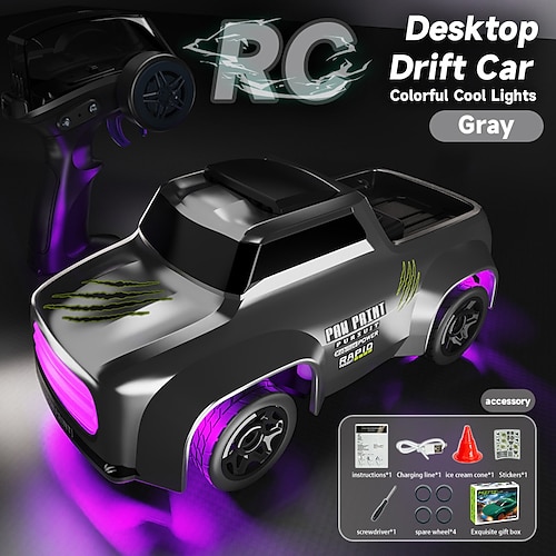 Mini voiture RC de dérive de bureau - Voiture de course télécommandée électrique à pleine échelle avec vitesse et lumières contrôlables - Jouet amusant d