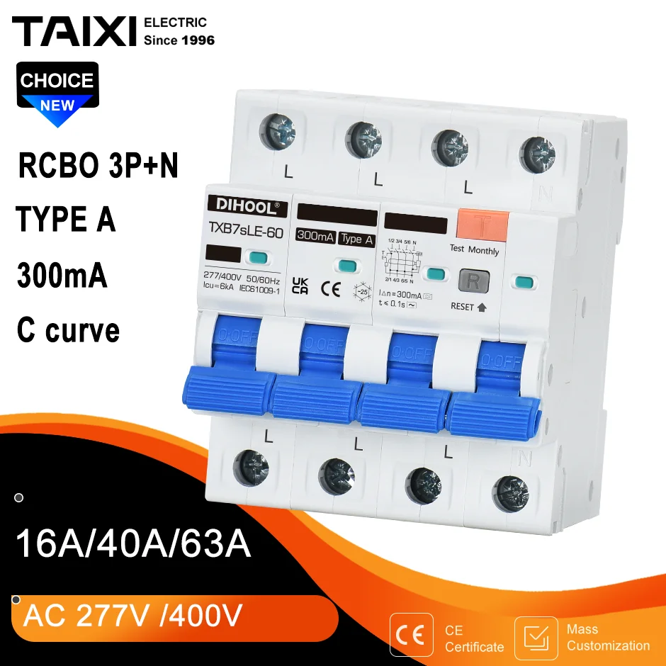 DIHOOL Typ A RCD RCBO Fehlerstromschutzschalter 300 mA 4P 3P-N 16 A 40 A 63 A dreiphasige Vierdrahtsysteme Image