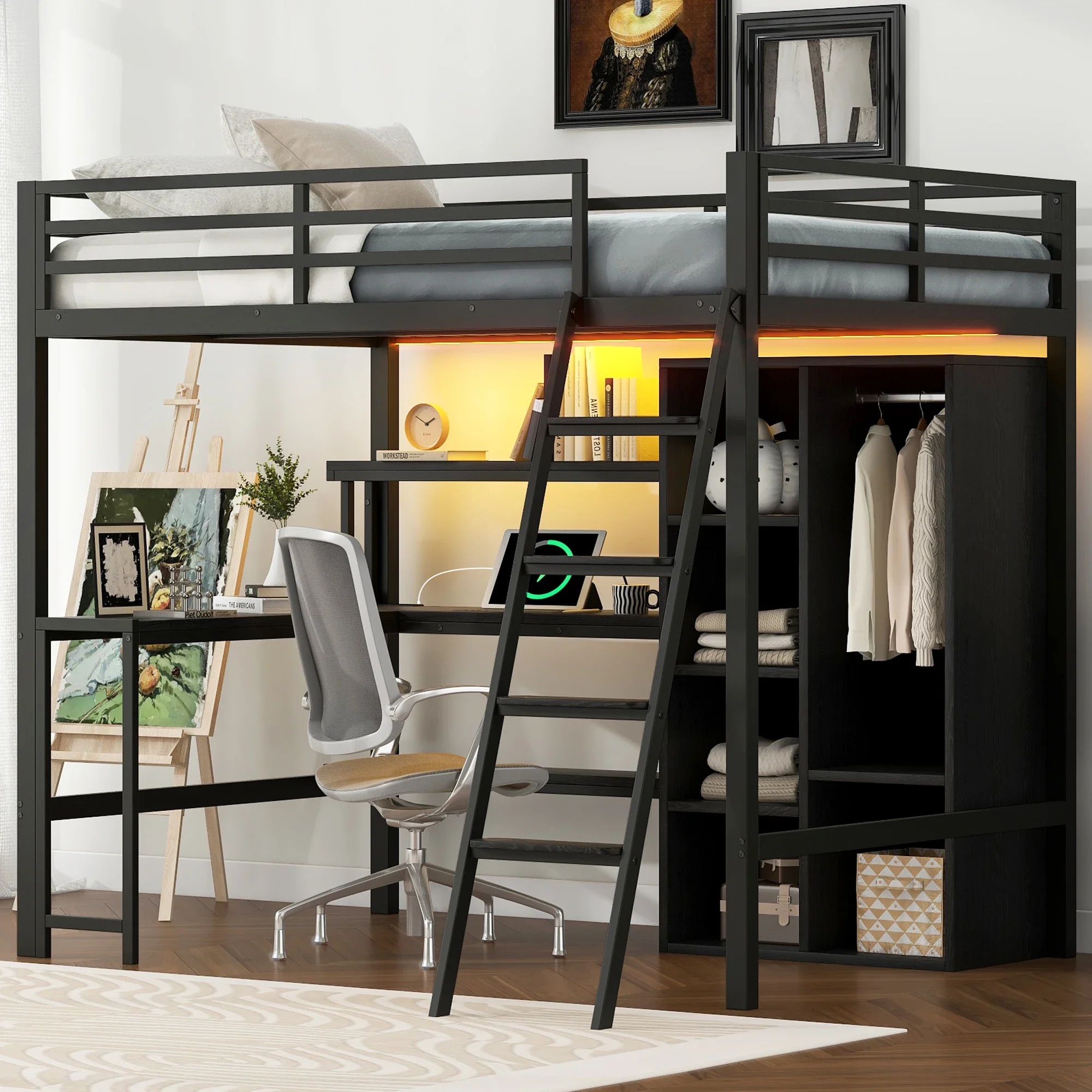 140x200 Hochbett aus Metall mit Treppe, integriertem Schreibtisch, Aufbewahrungsfächern, USB-Ladestation und LED-Licht, schwarz