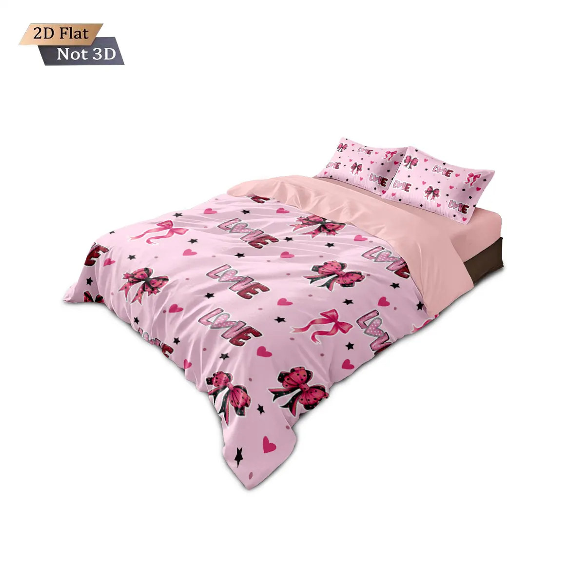 3-teiliger, kernloser Daunenbettbezug mit rosa Schleifendruck zum Valentinstag, mehrere Größen, weiche Schlafzimmerbettwäsche-Dekoration, maschinenwaschbar Image