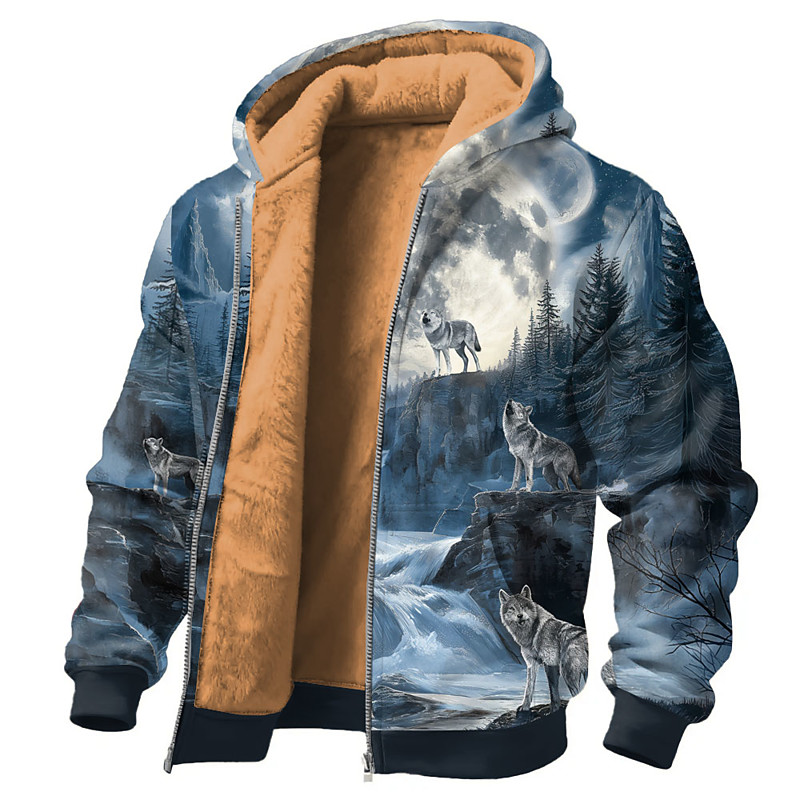 Men's Moon Wolf Fleece Hoodie Jacket Sweatshirt Classic Hunting Long Sleeve Crew Neck Outdoor Camping Blue Zip Up Fall Winter Designer S M L XL 2XL 3XL
