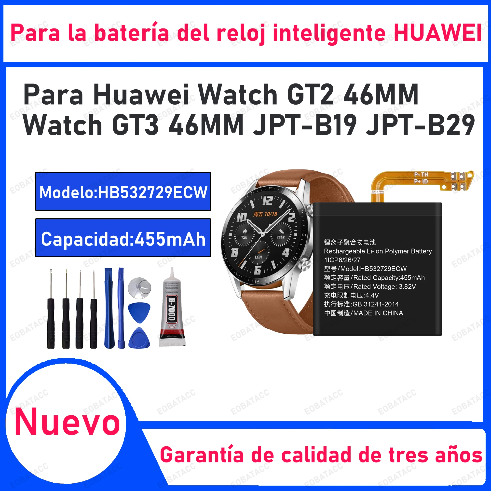 100% neue Hohe Qualität HB532729ECW 455 mAh Batterie Für Huawei Uhr GT2 46 MM Uhr GT3 46 MM JPT-B19 JPT-B29 + Kostenlose Tools Image