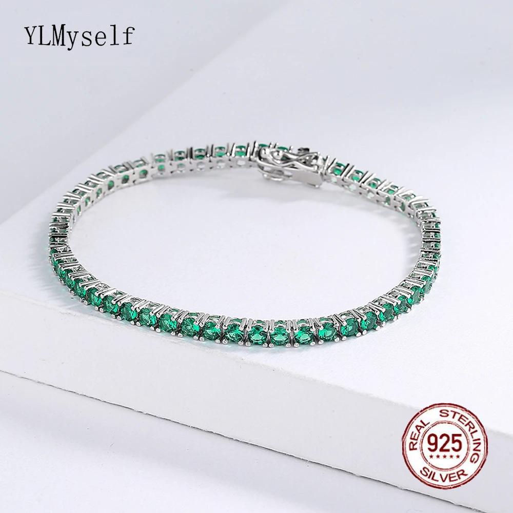 YLMyself 3 MM Grün Zirkon Tennis Armband Rhodium/Gold Überzogene 15-21 CM Echt 925 Silber Hip Hop rock Kette Edlen Schmuck für Frauen/