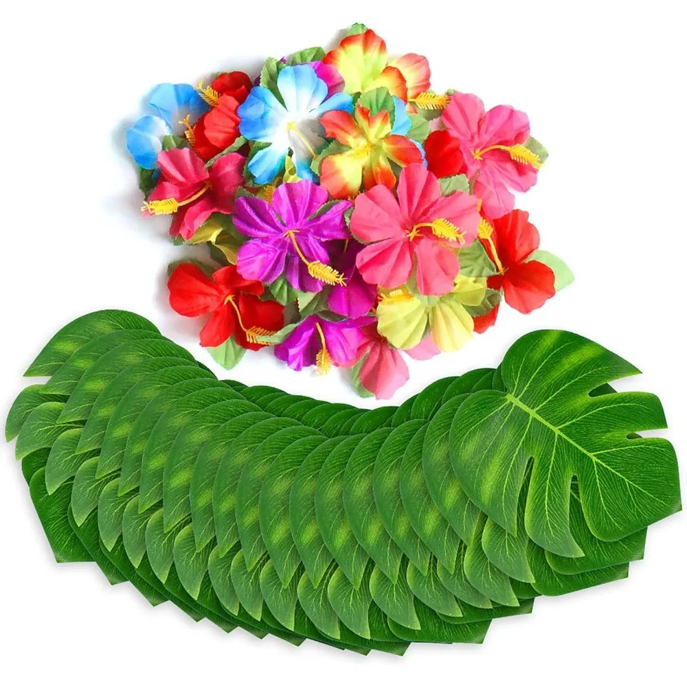 20 Stück tropische Palmblatt-Hibiskusblüten-Imitationsblätter für Hawaii-Party-Thema, Geburtstagsparty-Dekoration, Tischdekoration Image