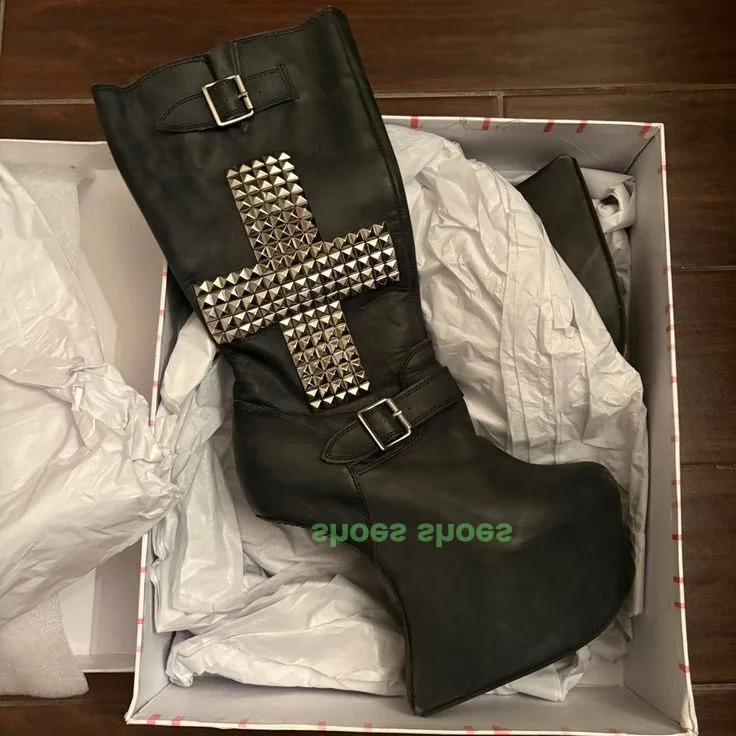 Lady Heelless Spike Metall Design Wadenstiefel Plattform Reißverschluss Pu Schwarz Gladiator Schuhe Runwayneu Kommen Party Stiefel Größe 34-46