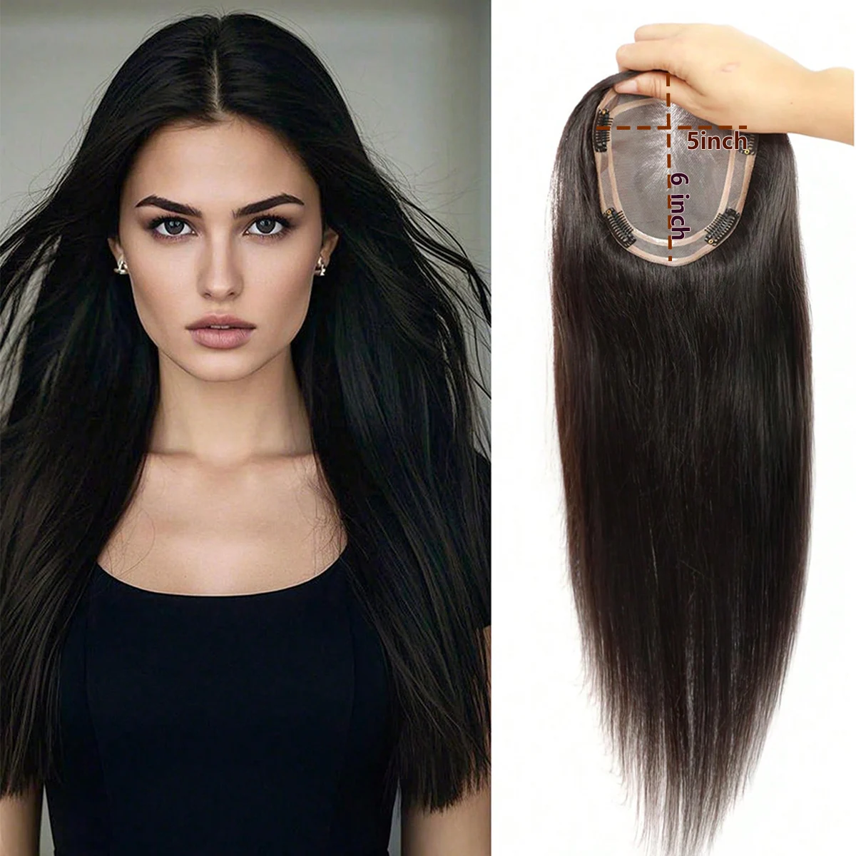 100 % Echthaar-Topper für Frauen, Clip-in-Haarteile, atmungsaktiv, 12,7 x 15,2 cm, große Mono-Basis zum Abdecken von grauem, dünner werdendem Haar Image