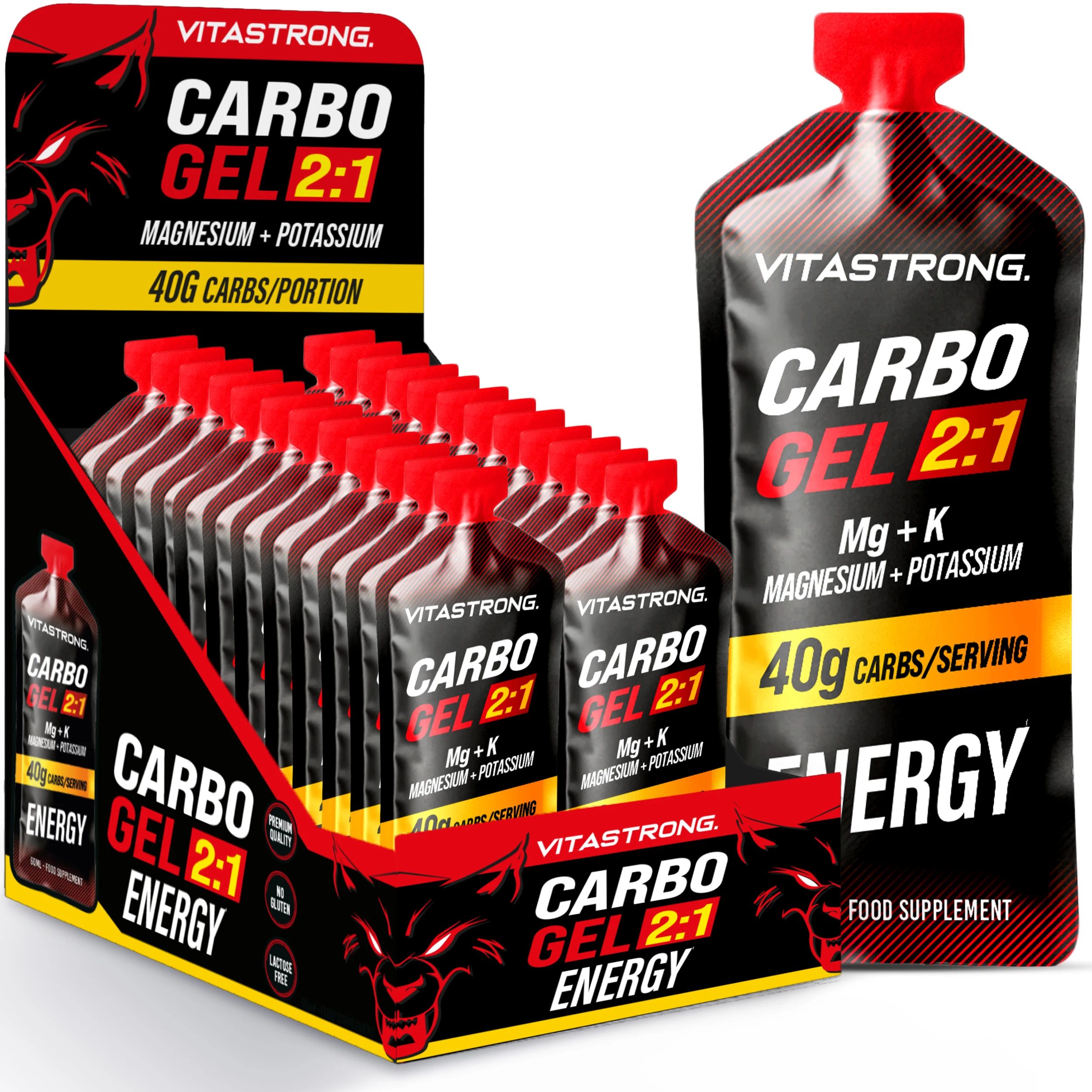 Vitastrong Carbo Gel 2:1 Energie, 24 Beutel 60 ml Einzeldosen mit 40 g Kohlenhydraten, 56 mg Magnesium und Kalium 300 mg für Dosis, Maltodextrin für Intra-Training, Energie-Laufradfahren Image