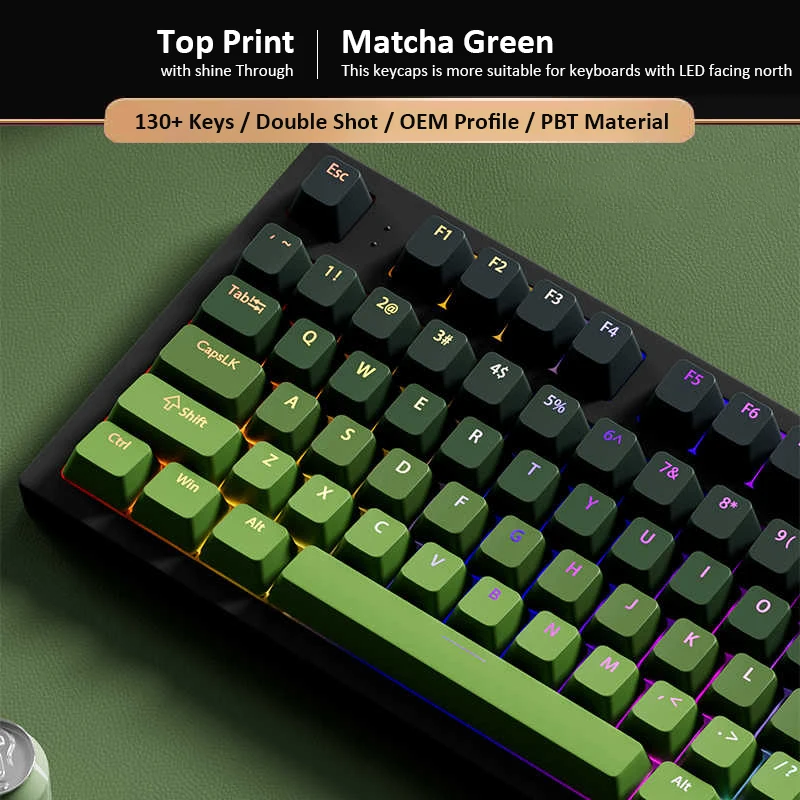 130+ Tasten Matcha Green Double Shot PBT-Tastenkappen Shine Through Keyboard-Tastenkappen OEM-Profil für Cherry MX Switches Gaming-Tastatur Image