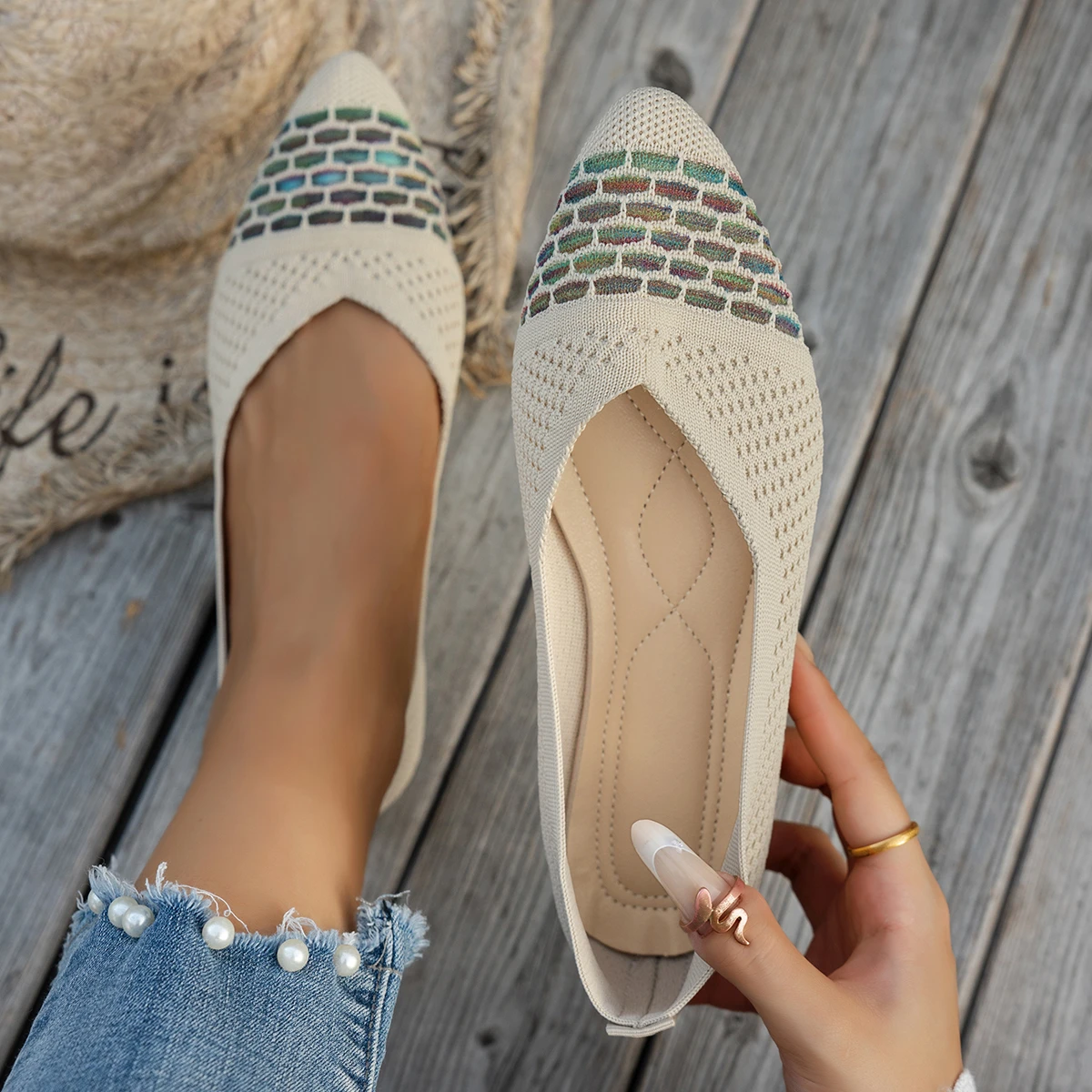 Flache Damenschuhe mit spitzer Zehenpartie, flache Schuhe für Damen, einfarbig, Slip-on-Design, lässig, atmungsaktiv, Damen-Loafer, bequeme Schuhe, Größe 36–43