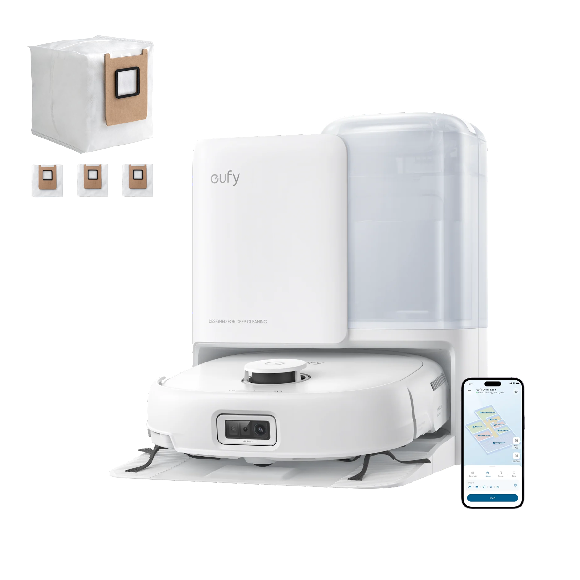 eufy Robot Vacuum Omni E25 White with 3 Extra Dust Bags