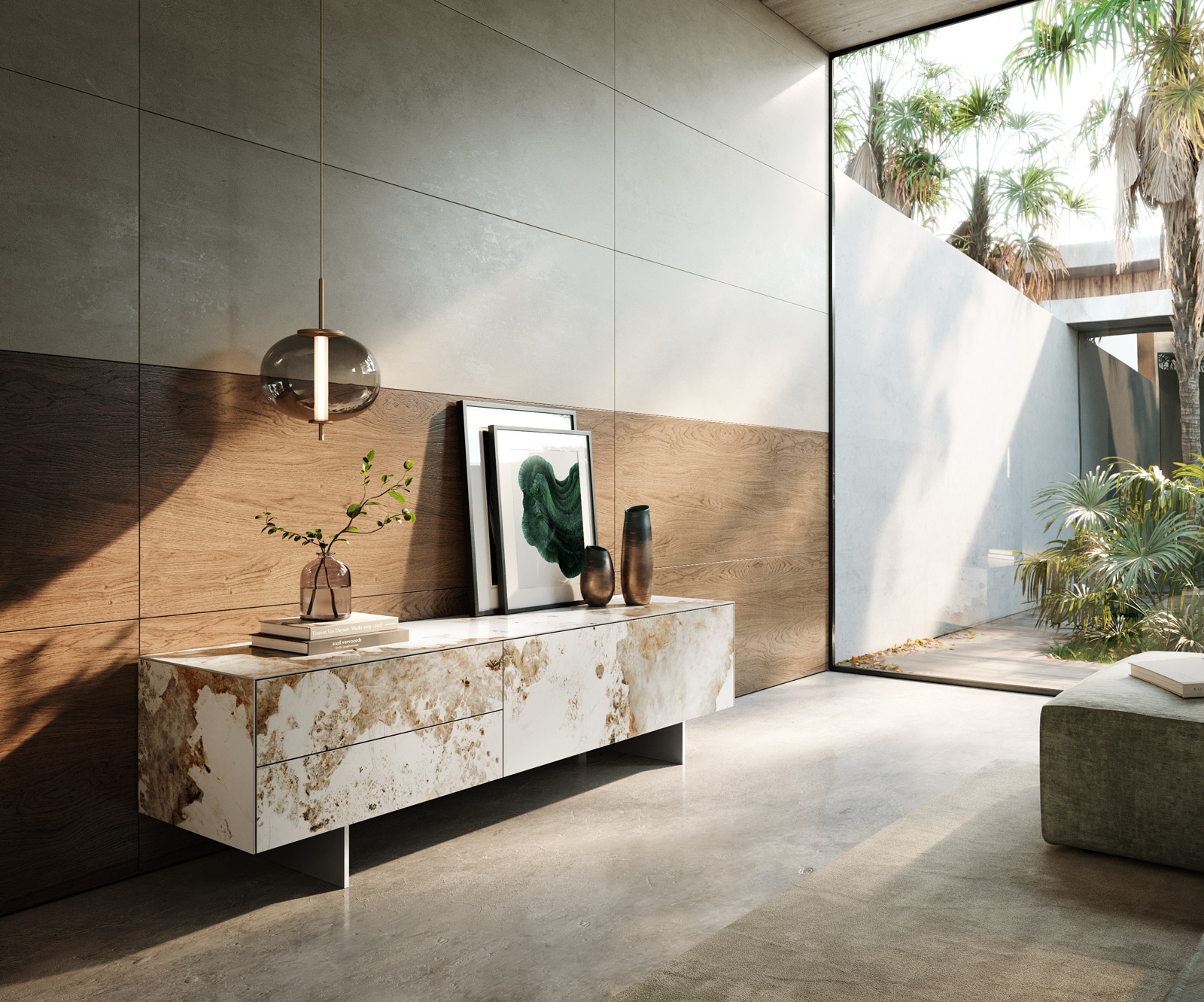 DELIFE Lowboard Cuor 180 cm Keramik Minas Melange Weiß-Beige 1 Klappe 2 Schubfächer Fuß Schwebeoptik Edelstahl, Lowboards Image