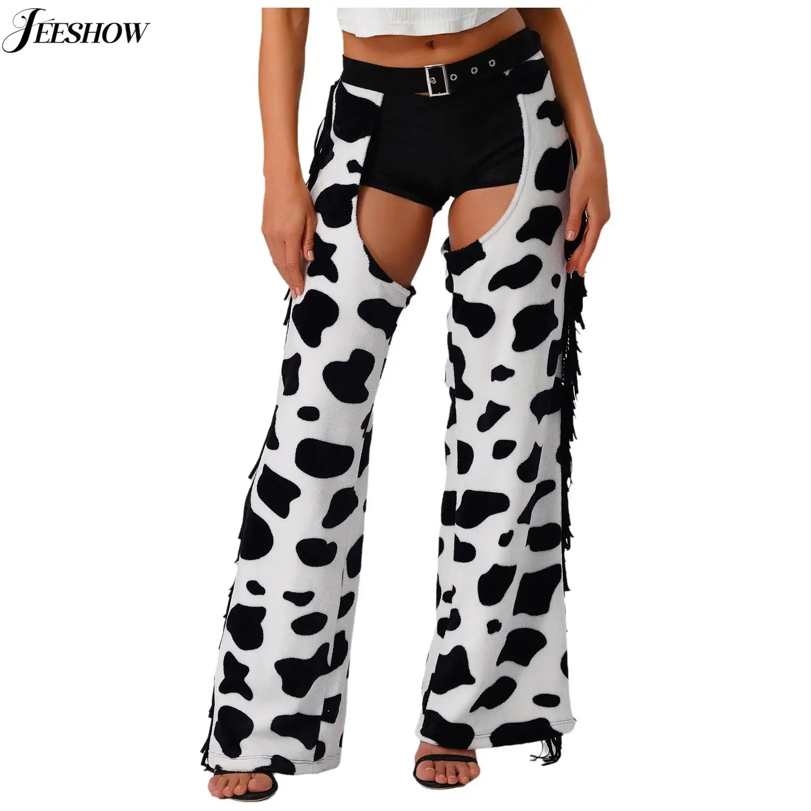 Damen-Cowgirl-Kostüm, Flanell, Kuh-Flecken-Druck, Chaps, verstellbare Taille, aushöhlen, offener Schritt, Hose, Radfahren, Reiten, Assless-Hose Image