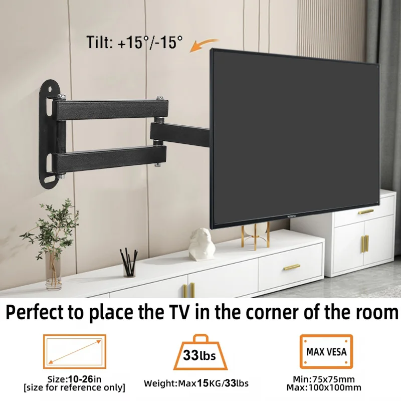 BEISHI Rack TV-Wandhalterungen, drehbare neigbare Gelenkverlängerung, Eck-TV-Halterung für 10–26 Zoll TVs, Monitore, max. VESA 100 x 100 Image