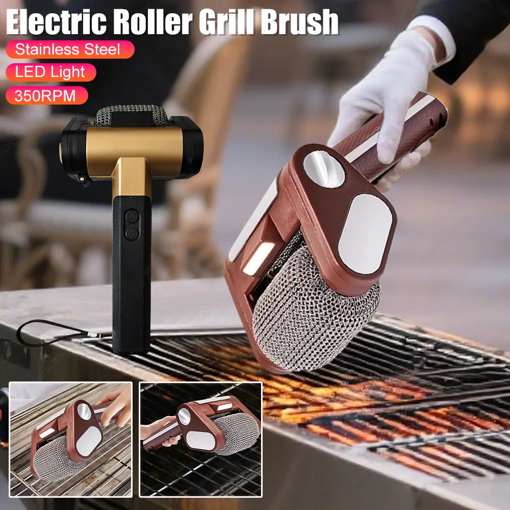 Leistungsstarke elektrische Grill-Reinigungsbürste mit 350 U/min und LED-Leuchten, wiederaufladbare, borstenfreie, drehbare Grillbürste aus Edelstahl für den Grill Image
