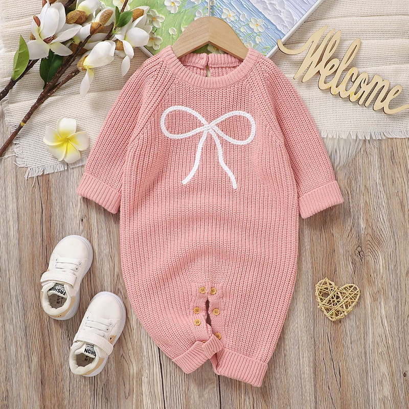 Rosa Baby Mädchen Strampler Kleidung Herbst Casual Lange Ärmel Stricken Neugeborenen Bowknot Overalls Playsuits 0-18m Kleinkind Outfits Image