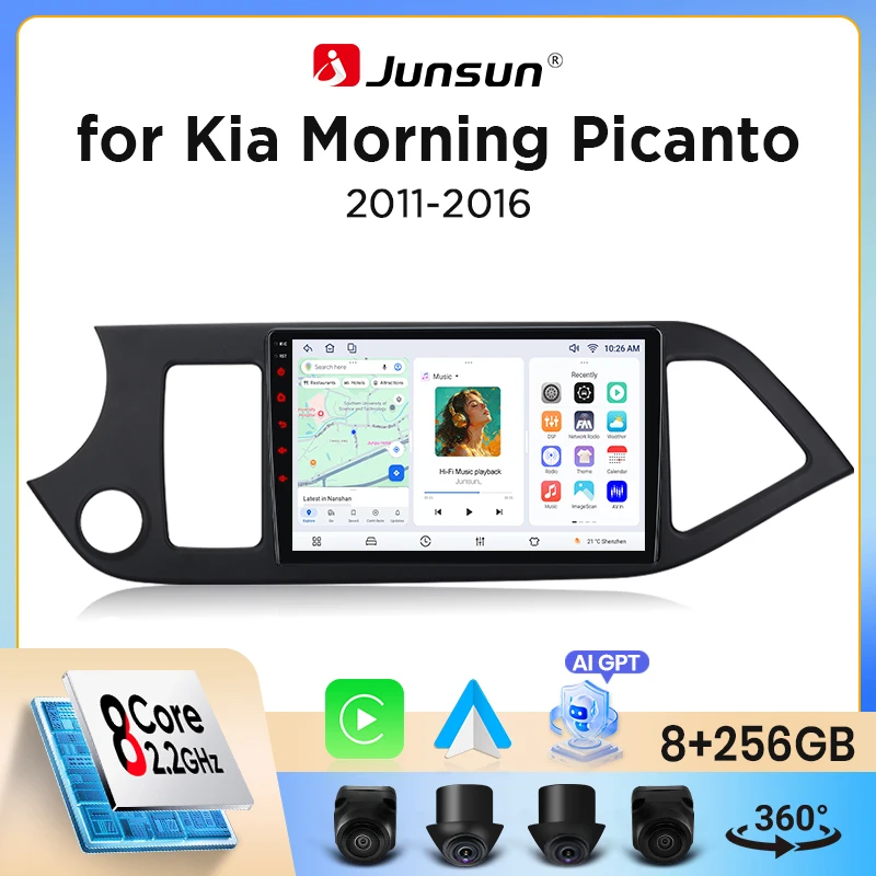 Junsun Wireless CarPlay Android Auto Autoradio für Kia Picanto Mk2 (TA) 2011-2017 mit eingebautem Lüfter, Android GPS-Navigation, Multimedia-Player, WiFi, DSP, RDS, BT, SWC, IPS-Touchscreen, Image