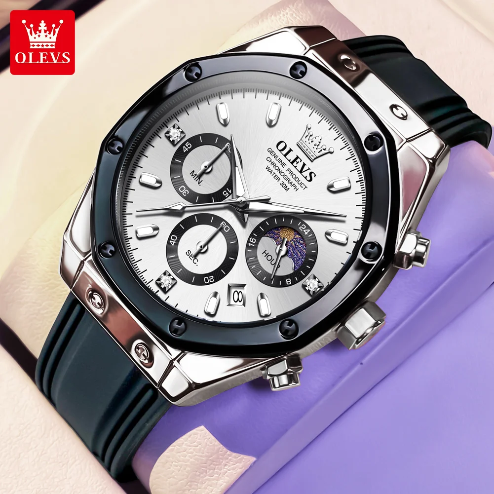 OLEVS Luxus-Herrenuhren, Original-Quarzuhren, wasserdichte Uhr für Herren, Silikonarmband, Mondphase, Chronographenuhren 9911 Image