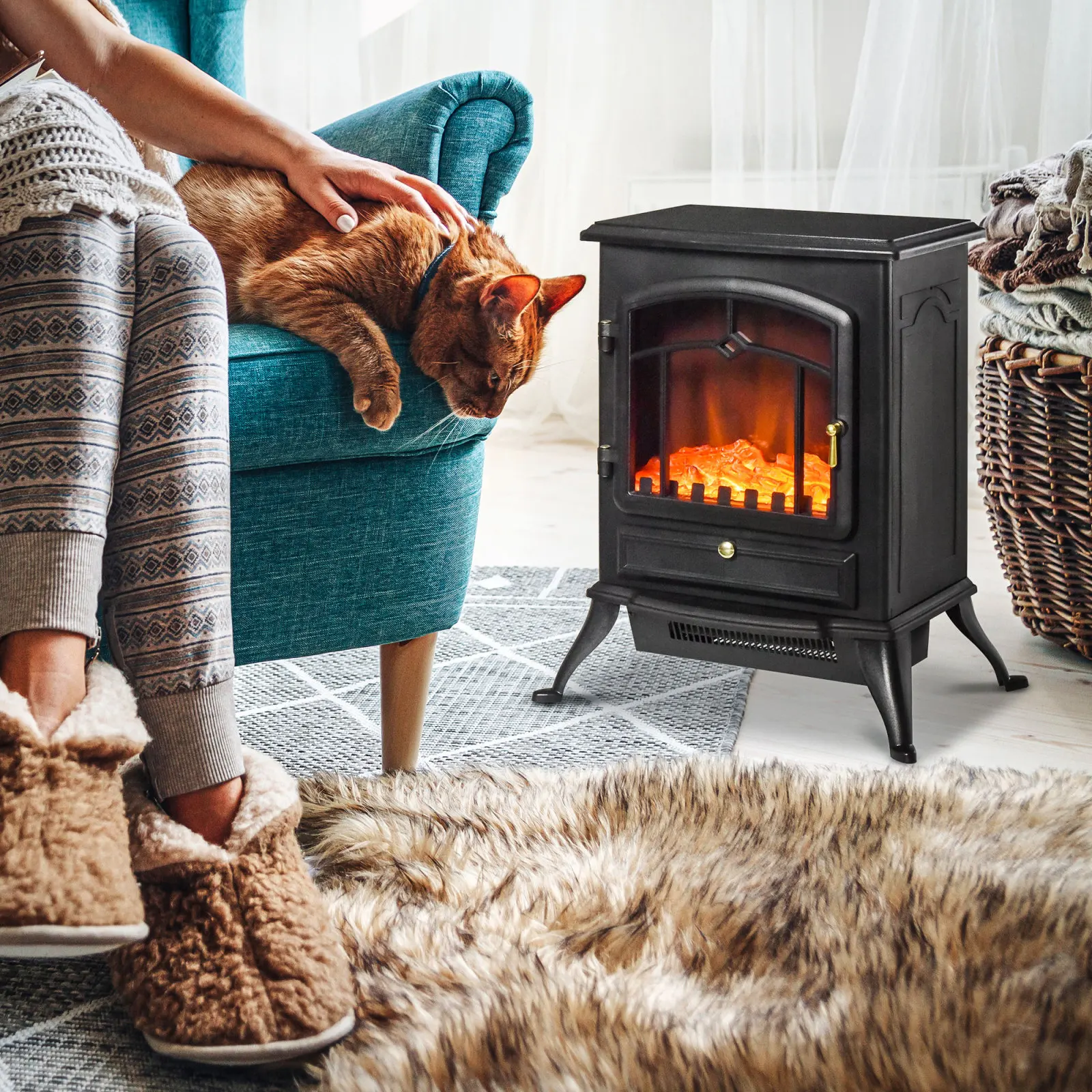 Anajqaqia 45x28x54cm Elektrokamin mit Flammeneffekt 1000/2000W, Überhitzungsschutz, Schwarz Image