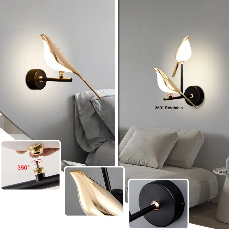 Modern 360° ° Drehbare LED-Wandleuchten für Badezimmer, Foyer, Hardwire, AC85–265 V, Elster-Vogel-Wandleuchte, Wandleuchten für Küche, Gang