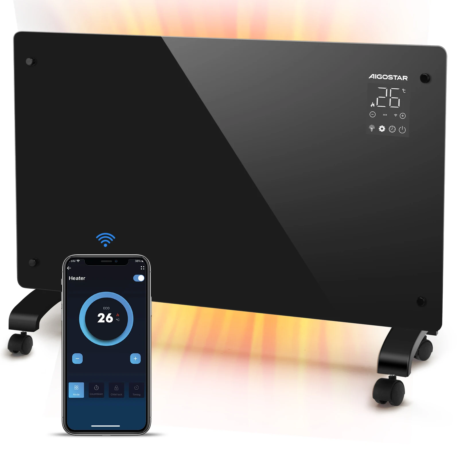 Aigostar Elektroheizung, Elektro Glasheizung, Konvektor-Heizung, LED Touchscreen einstellbare Temperatur, APP WiFi Funktion, Timer, 3 Modi, ECO, Leise Heizung Elektrisch, Stand- oder Wandgerät, 2000 W