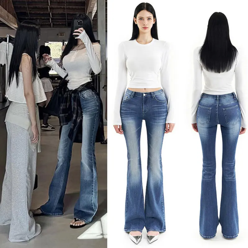 Frauen Flare Stretch Schnurrbart Jeans Mode Skinny Bell-Bottom Hohe Taille Grau Denim Hosen Dame Klassische Y2K Punk Lange Hosen