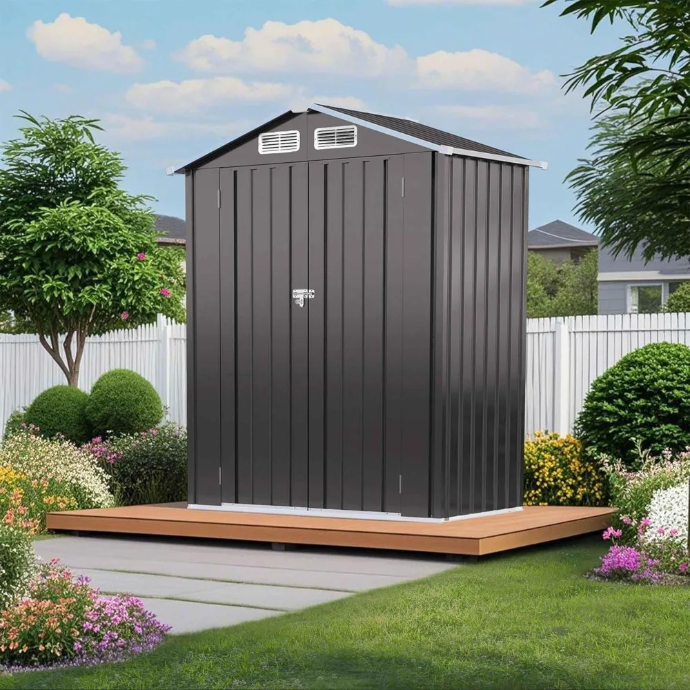 5x3 FT Metal Outdoor Storage Shed, Waterproof Garden Tool Shed with Pitched Roof & Lockable Door, Compact Backyard Storage for B