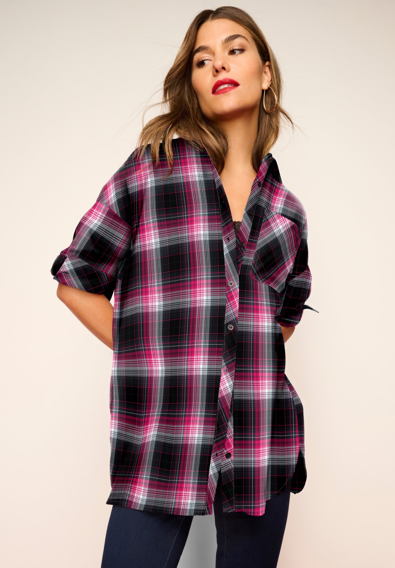 Plus Size Women's Plaid Flannel Tunic by Roaman's in Black Pink Plaid (Size 20 W) Plaid Shirt