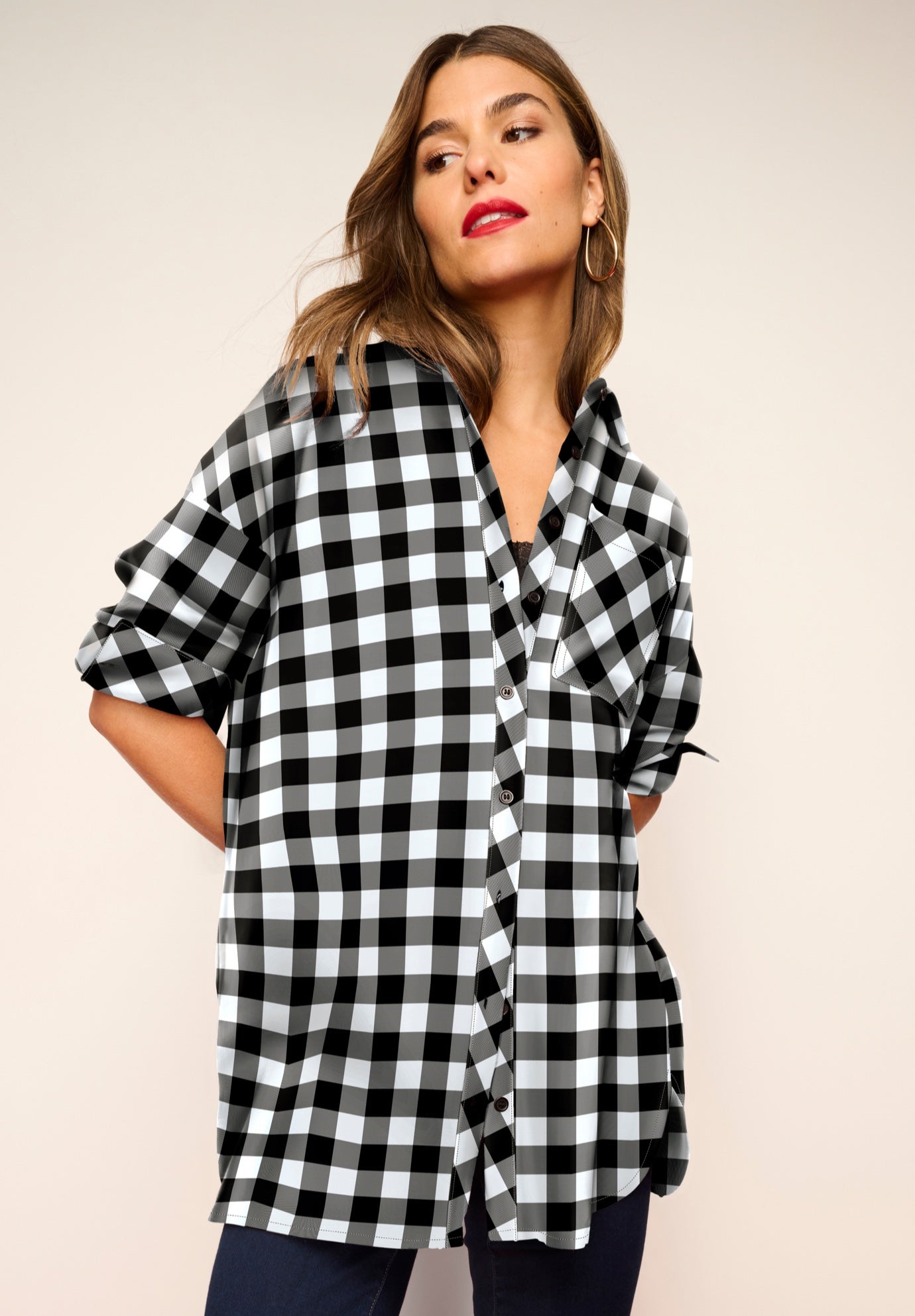 Plus Size Women's Plaid Flannel Tunic by Roaman's in Black White Check (Size 22 W) Plaid Shirt