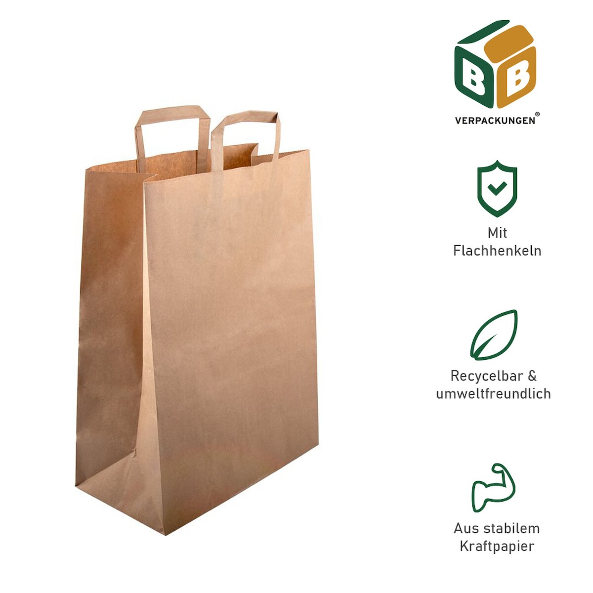 1000 Papiertragetaschen 260 + 120 x 350 mm braun stabile 80 g/m² Grammatur Papiertüten Geschenktüten BB-Verpackungen Image