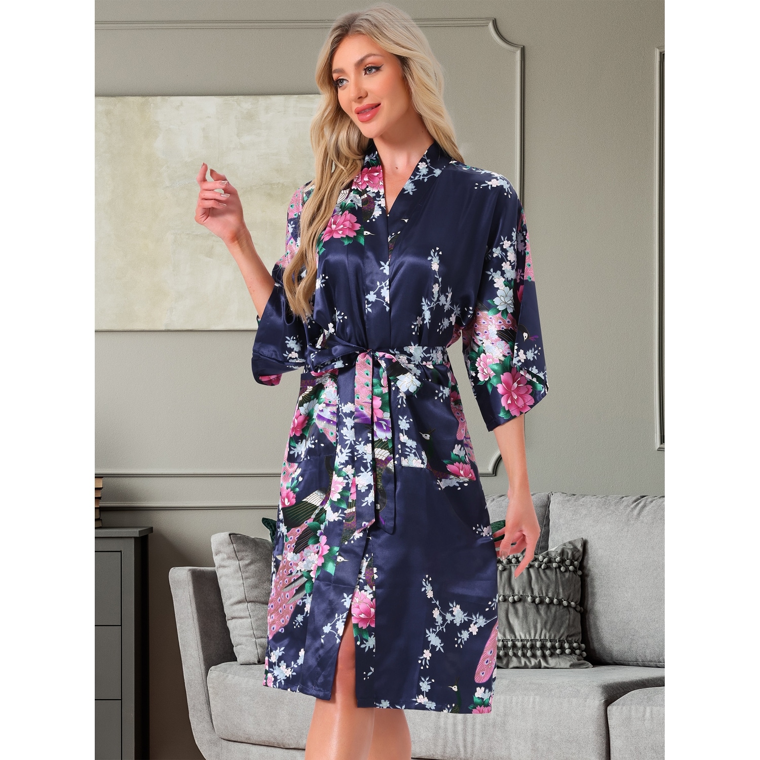 Women's Satin Robes Floral V-Neck 3/4 Sleeve Bride Bridesmaids Nightgown Peacock Print Bathrobe