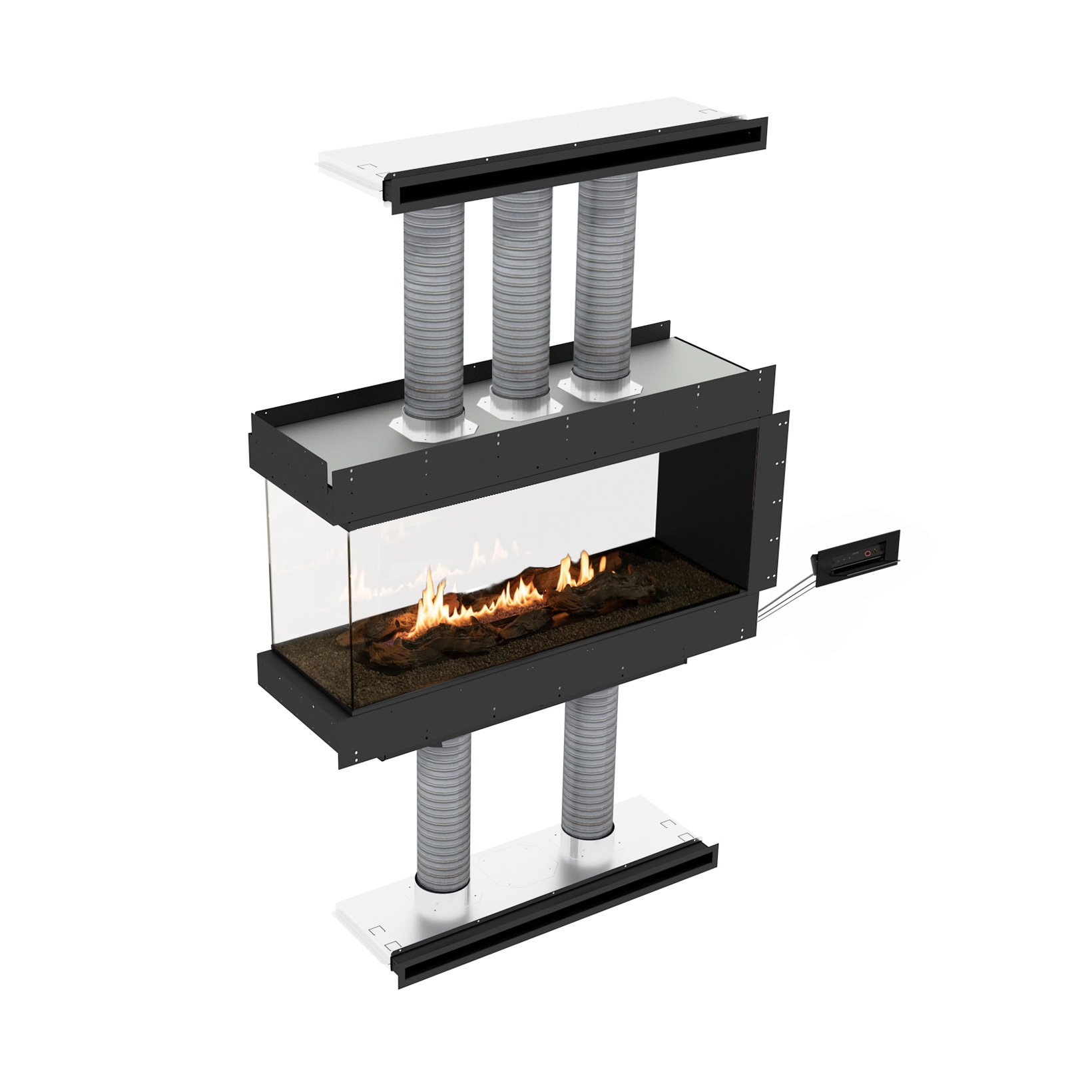 Planika Panorama [Ethanol Einbau Gehäuse mit Automatikbrenner und Verglasung]: Tunnel - mit weißen Kieselsteinen - mit Smart Home Integration