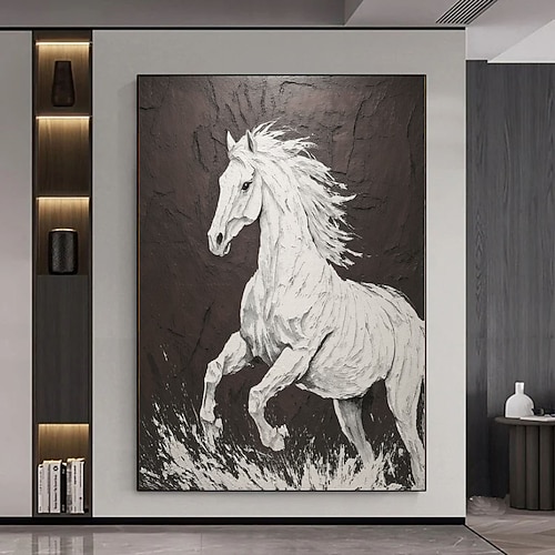 Strahlend weißes Pferd vor schwarzem Hintergrund, Acrylgemälde, vertikales Tierbild auf Leinwand, Dekoration in Schwarz-Weiß, großformatiges Ölgemälde, große Wandkunst Image