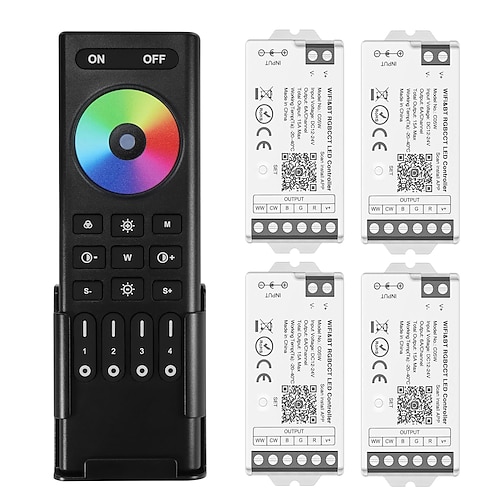 WLAN-Fernbedienungsset für RGB-, CCT- und RGBW-dimmbare LED-Streifen, 4-Zonen-Steuerung, 2,4-GHz-Funkfernbedienung, 12–24 V DC, 5-in-1-LED-Controller, kompatibel mit Alexa, Google Home, Smart Life und Image