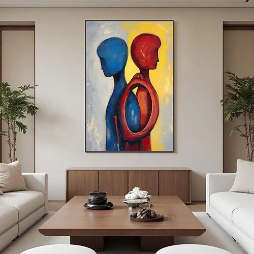 Handgemaltes Original-Ölgemälde eines Liebespaares auf Leinwand, großes Wandbild, abstrakte Malerei, blau-rote Malerei, individuelle Anfertigung, Wohnzimmerwanddekoration Image