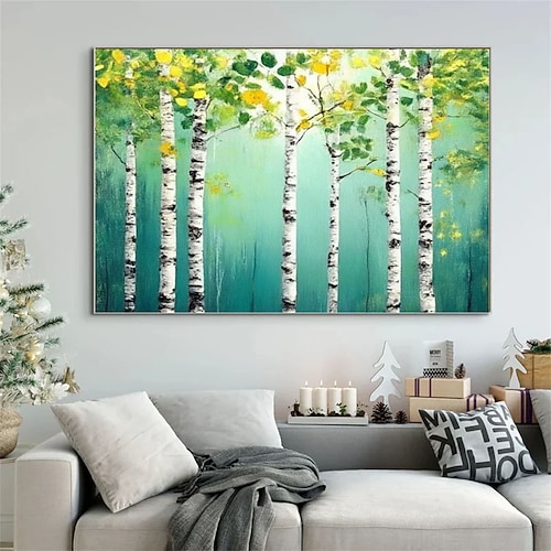 Handgemaltes Ölgemälde einer Silberbirke auf Leinwand, originale grüne Birkenwaldlandschaft, strukturiertes Kunstwerk, Schlafzimmerdekoration, Wohnzimmerwandgemälde Image