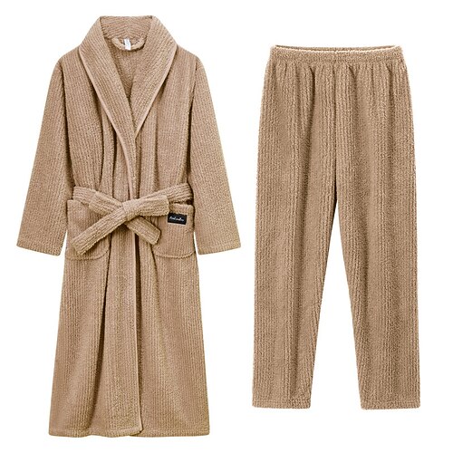 Herren Schlafanzug Nachtwäsche Pyjamaoberteil und Hose Lounge Hose 1 Set Einfach Mode Stilvoll Klassisch Heim Täglich Bett Fleece Polyester Thermowarm Komfort Weich Revers Langarm Fronttasche Gürtel Image